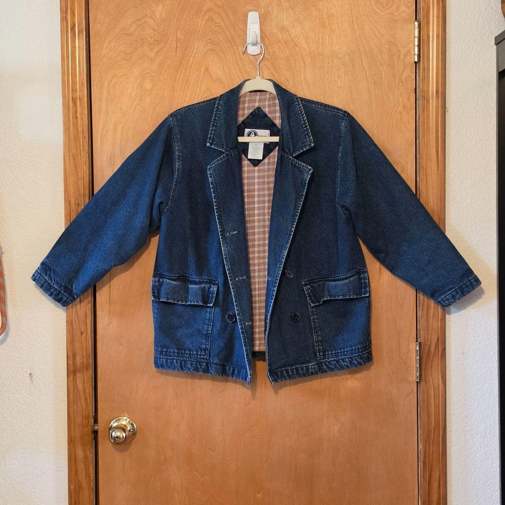 VTG 90s Arizona Jean Co Plaid Lined Denim Blazer Jacket Blue M 10/12